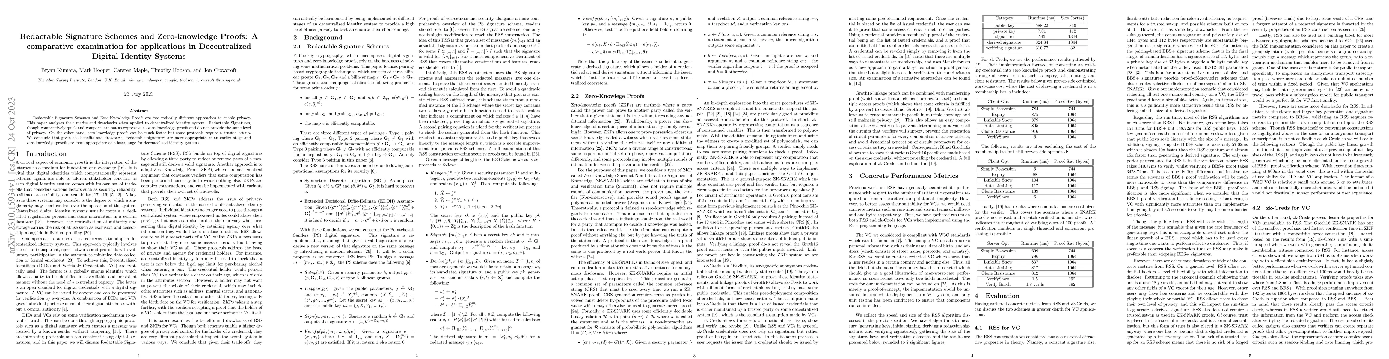 Thumbnail for Redactable Signature Schemes and Zero-knowledge Proofs: A comparative
  examination for applications in Decentralized Digital Identity Systems