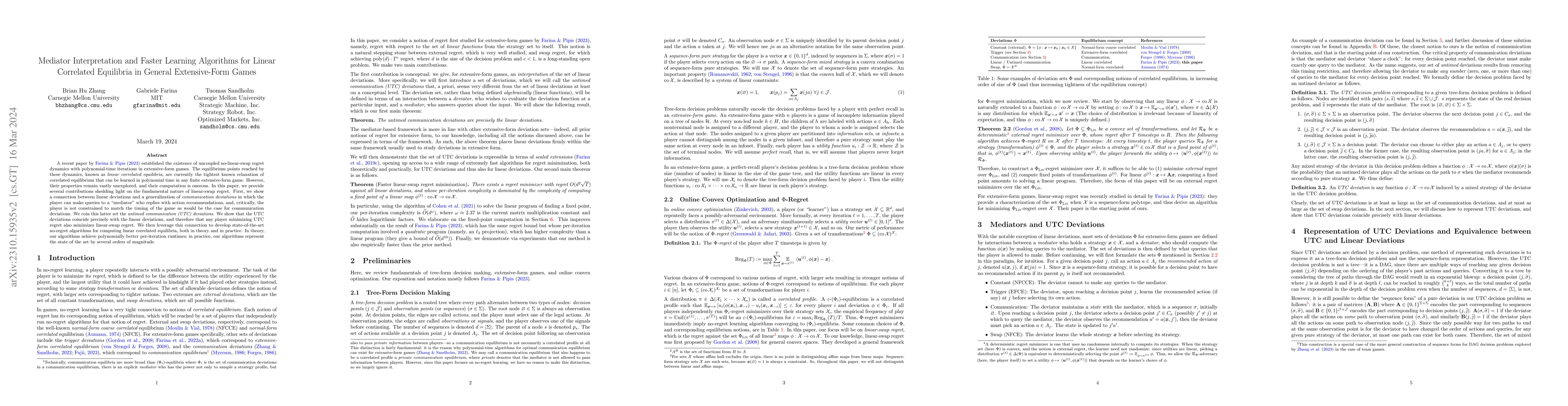 Thumbnail for Mediator Interpretation and Faster Learning Algorithms for Linear
  Correlated Equilibria in General Extensive-Form Games