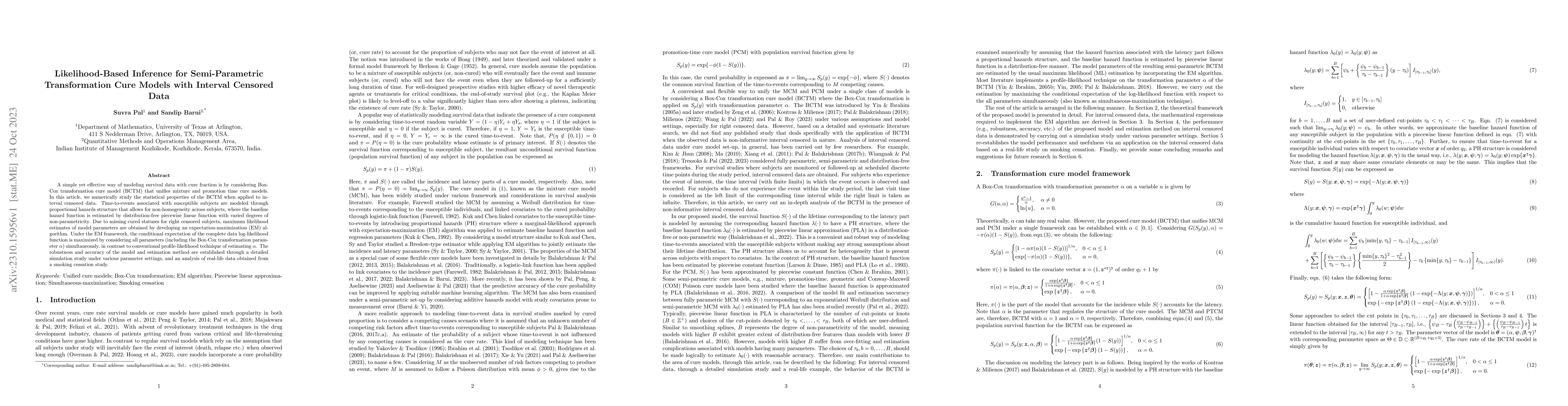 Thumbnail for Likelihood-Based Inference for Semi-Parametric Transformation Cure
  Models with Interval Censored Data