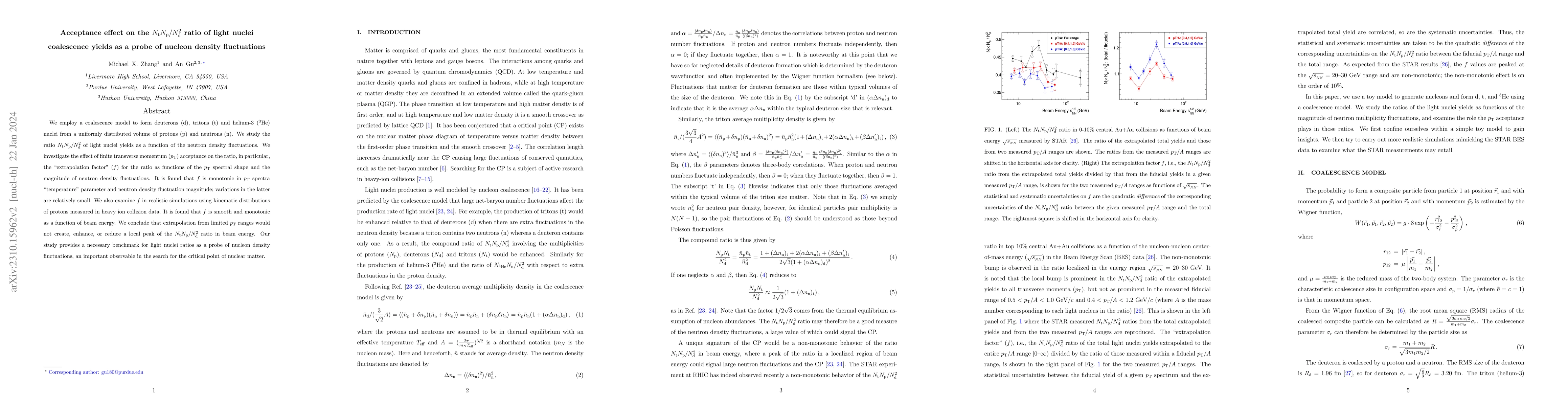 Thumbnail for Acceptance effect on the $N_{\rm t} N_{\rm p}/N_{\rm d}^2$ ratio of
  light nuclei coalescence yields as a probe of nucleon density fluctuations