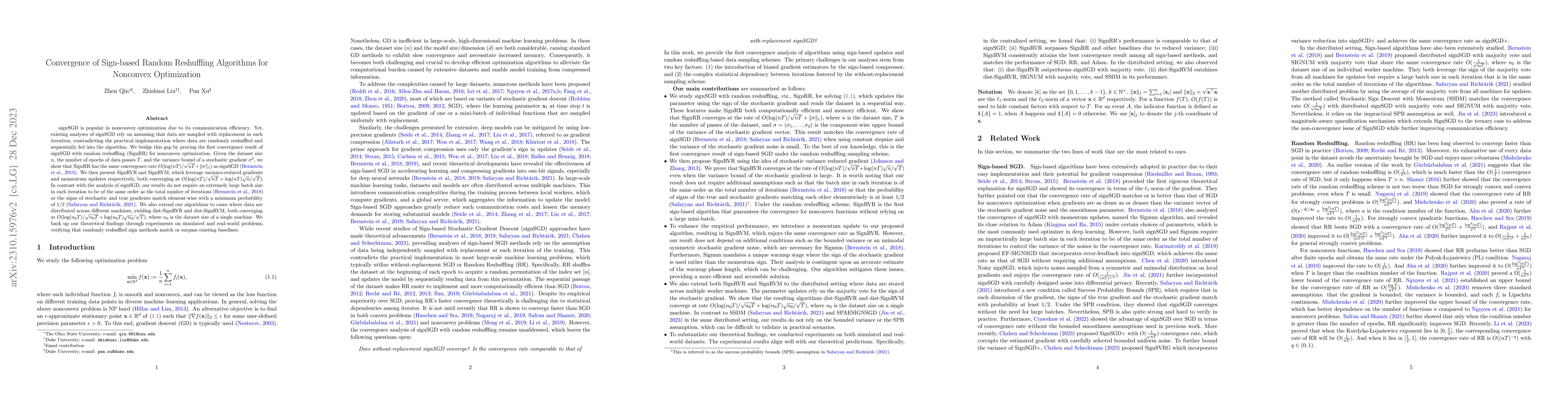 Thumbnail for Convergence of Sign-based Random Reshuffling Algorithms for Nonconvex
  Optimization