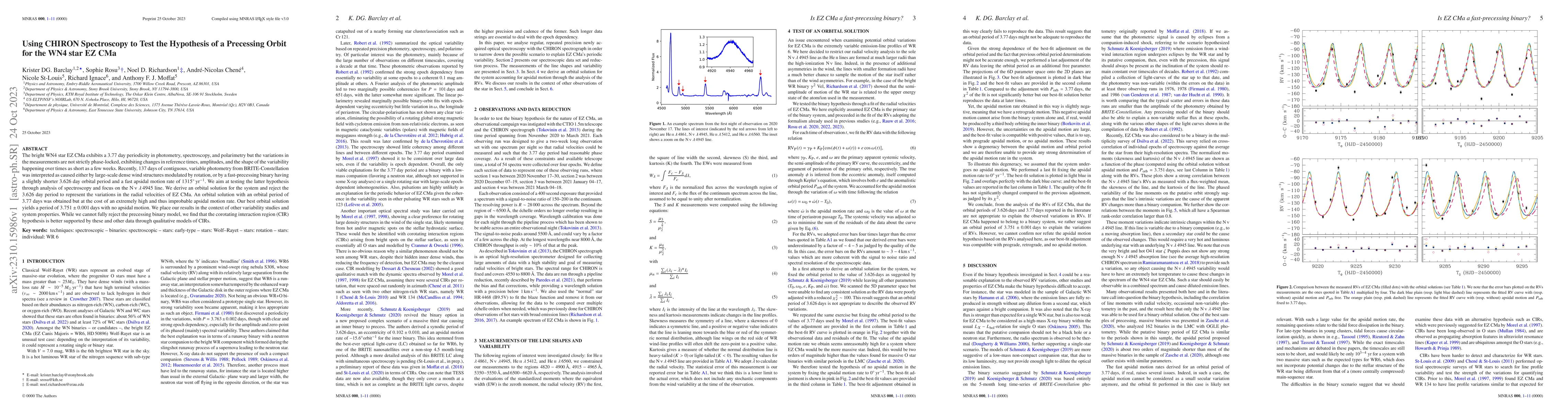 Thumbnail for Using CHIRON Spectroscopy to Test the Hypothesis of a Precessing Orbit
  for the WN4 star EZ CMa