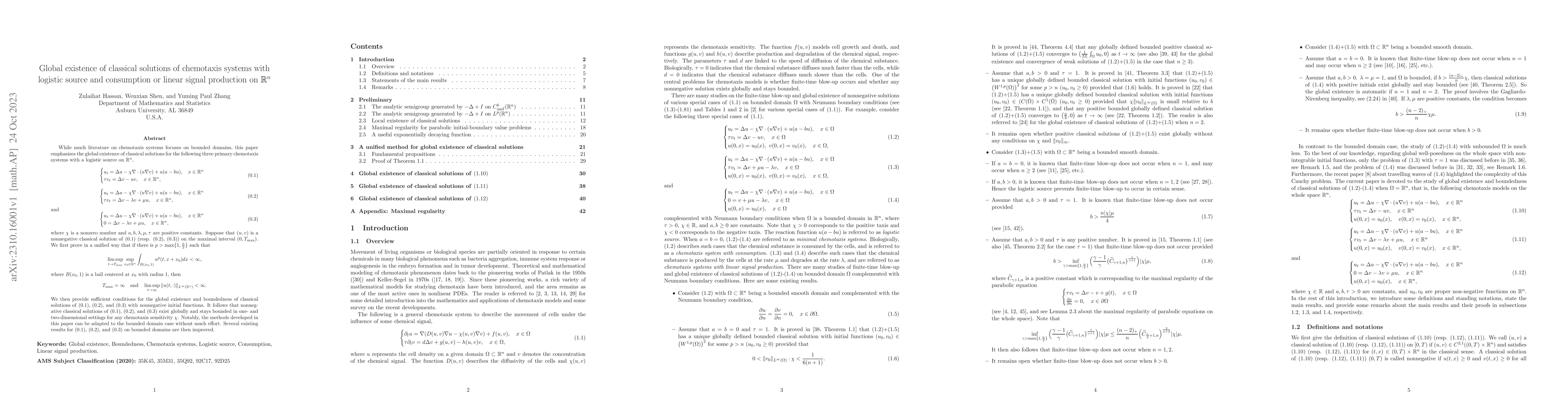 Thumbnail for Global existence of classical solutions of chemotaxis systems with
  logistic source and consumption or linear signal production on
  $\mathbb{R}^{n}$