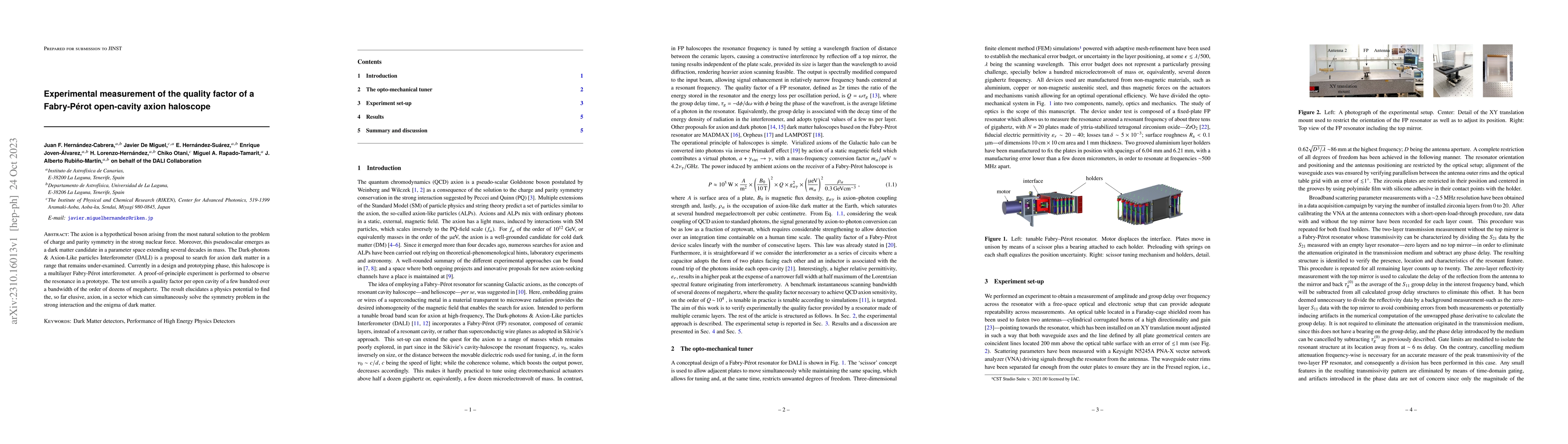 Thumbnail for Experimental measurement of the quality factor of a Fabry-P\'erot
  open-cavity axion haloscope