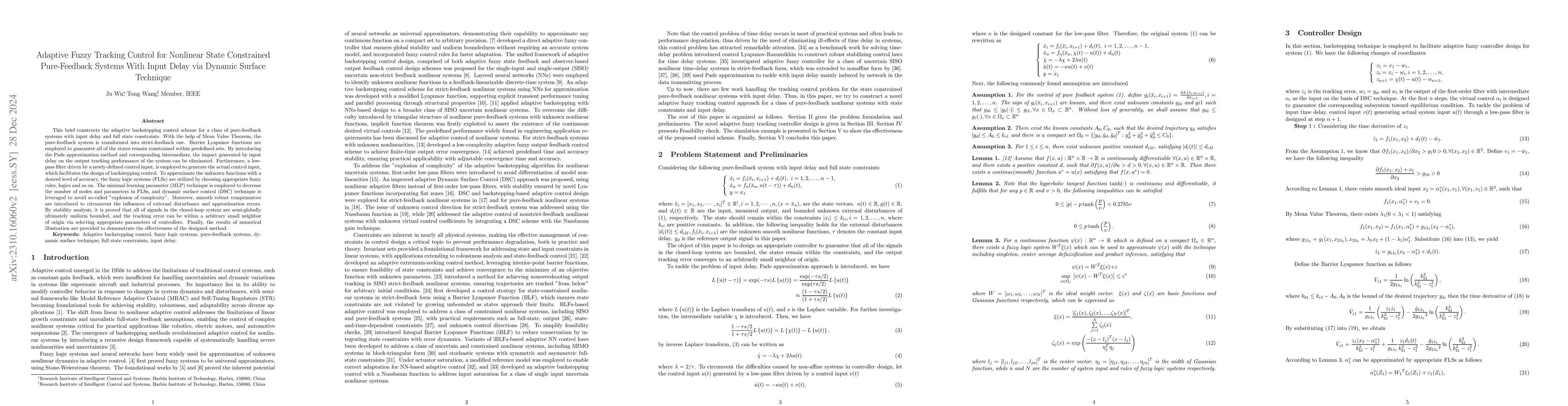 Thumbnail for Adaptive Fuzzy Tracking Control for Nonlinear State Constrained
  Pure-Feedback Systems With Input Delay via Dynamic Surface Technique