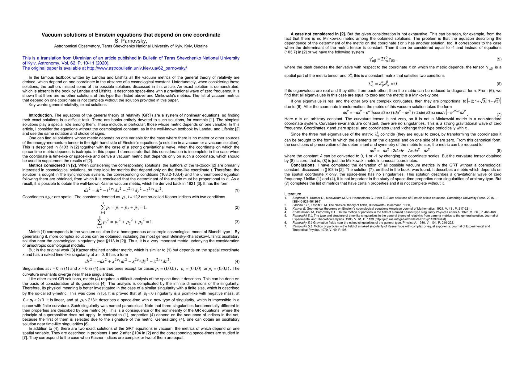 Thumbnail for Vacuum solutions of Einstein equations that depend on one coordinate