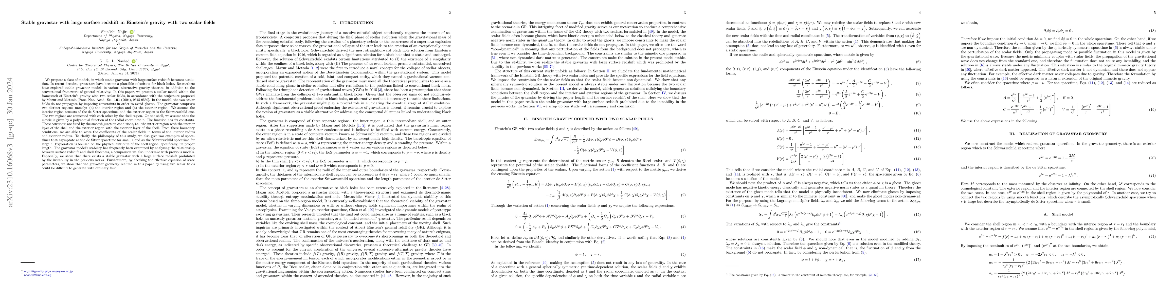 Thumbnail for Stable gravastar with large surface redshift in Einstein's gravity with
  two scalar fields
