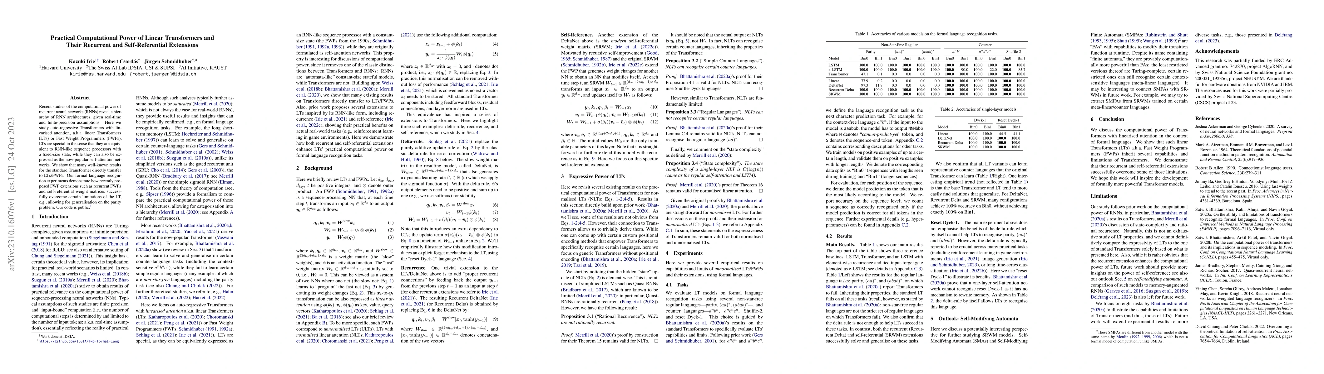 Thumbnail for Practical Computational Power of Linear Transformers and Their Recurrent
  and Self-Referential Extensions