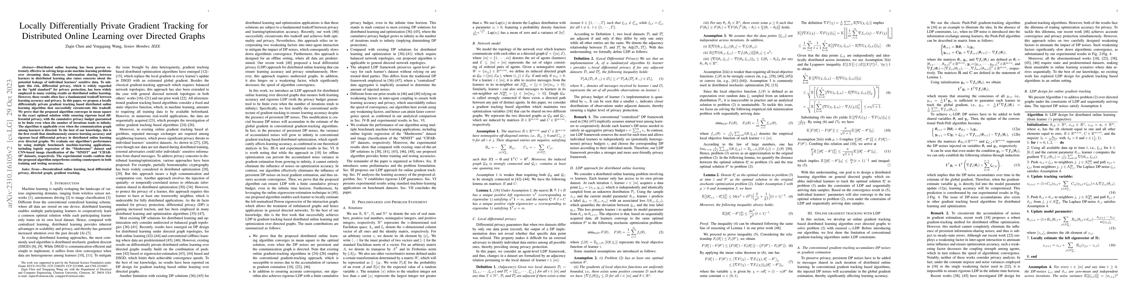 Thumbnail for Locally Differentially Private Gradient Tracking for Distributed Online
  Learning over Directed Graphs