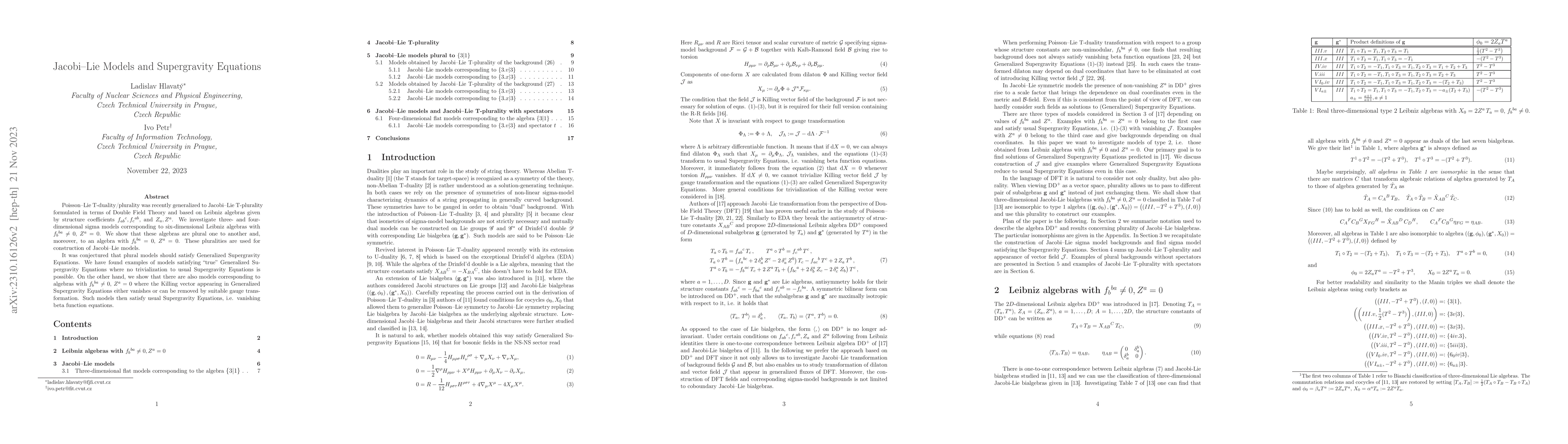 Thumbnail for Jacobi-Lie Models and Supergravity Equations