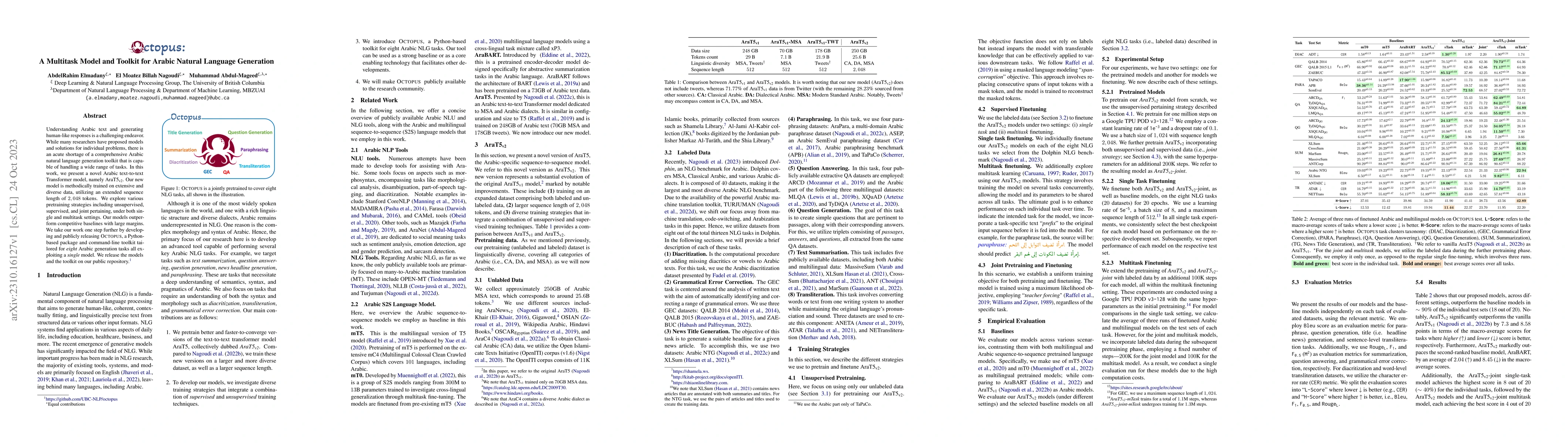 Thumbnail for Octopus: A Multitask Model and Toolkit for Arabic Natural Language
  Generation