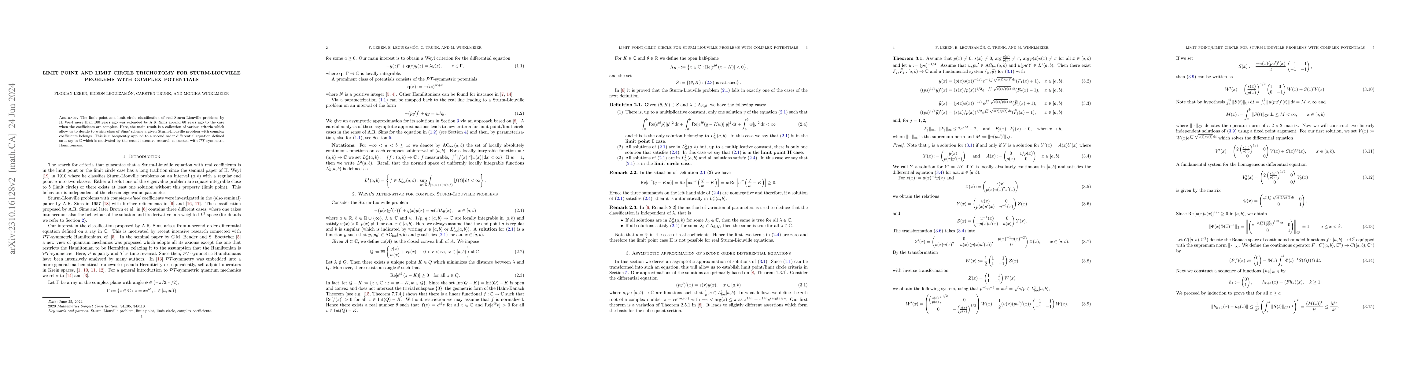 Thumbnail for Limit point and limit circle trichotomy for Sturm-Liouville problems
  with complex potentials