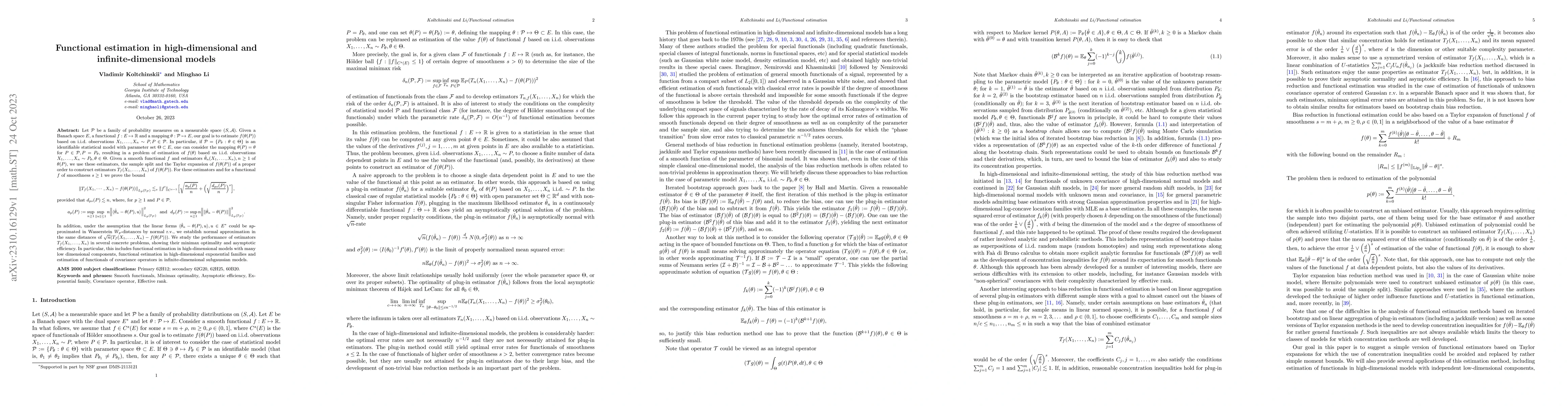 Thumbnail for Functional estimation in high-dimensional and infinite-dimensional
  models