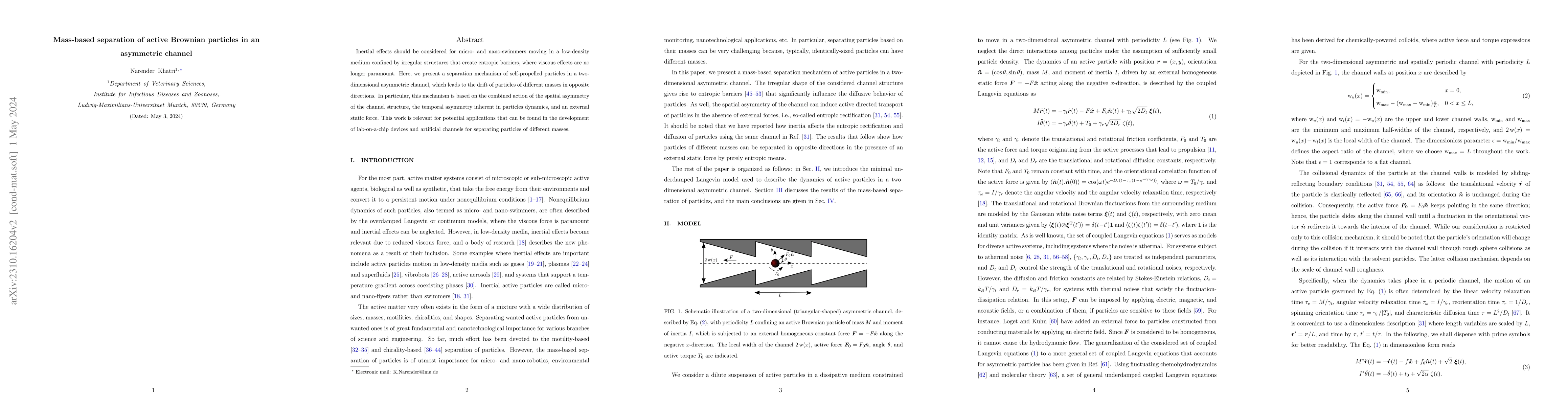 Thumbnail for Mass-based separation of active Brownian particles in an asymmetric
  channel