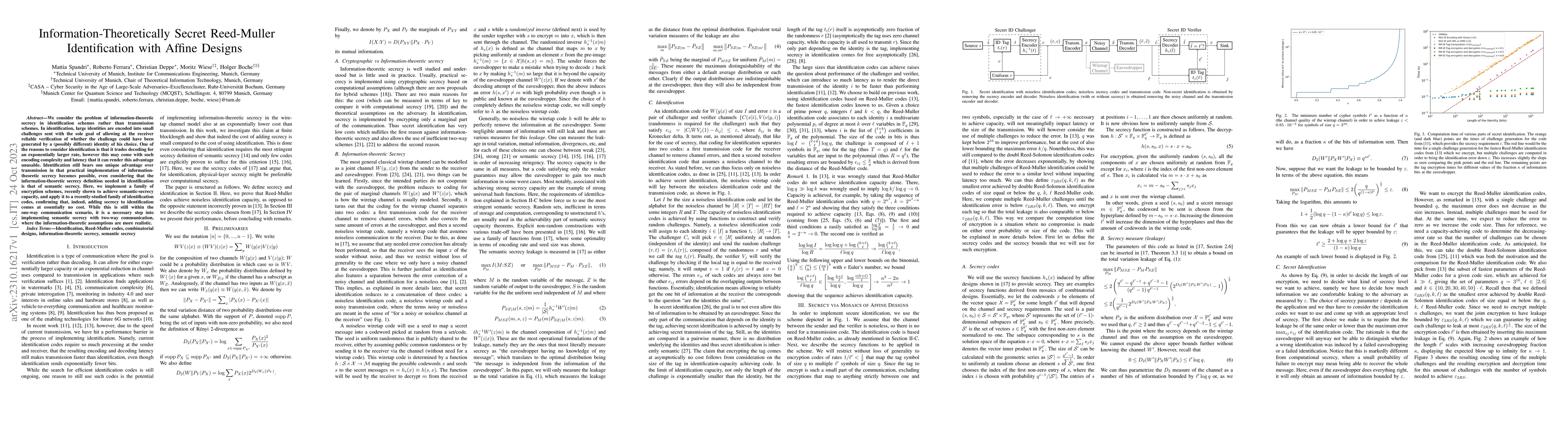 Thumbnail for Information-Theoretically Secret Reed-Muller Identification with Affine
  Designs