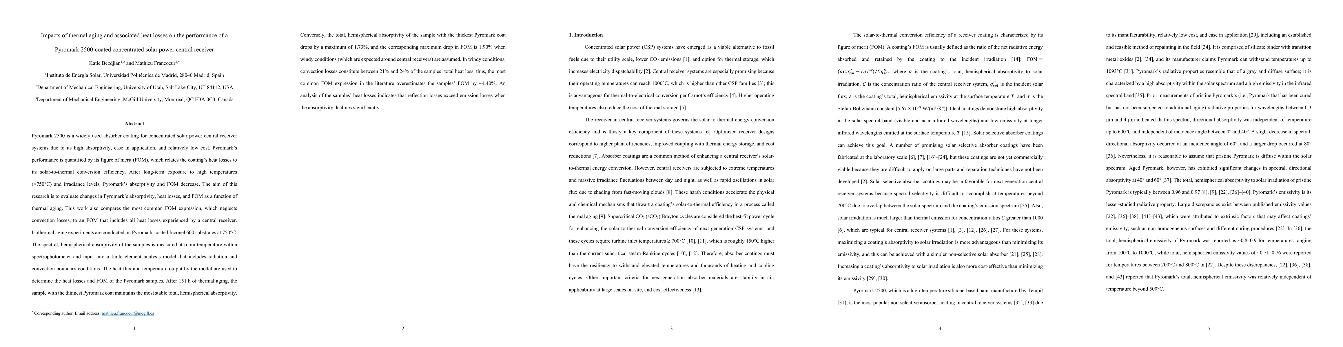 Thumbnail for Impacts of thermal aging and associated heat losses on the performance
  of a Pyromark 2500-coated concentrated solar power central receiver