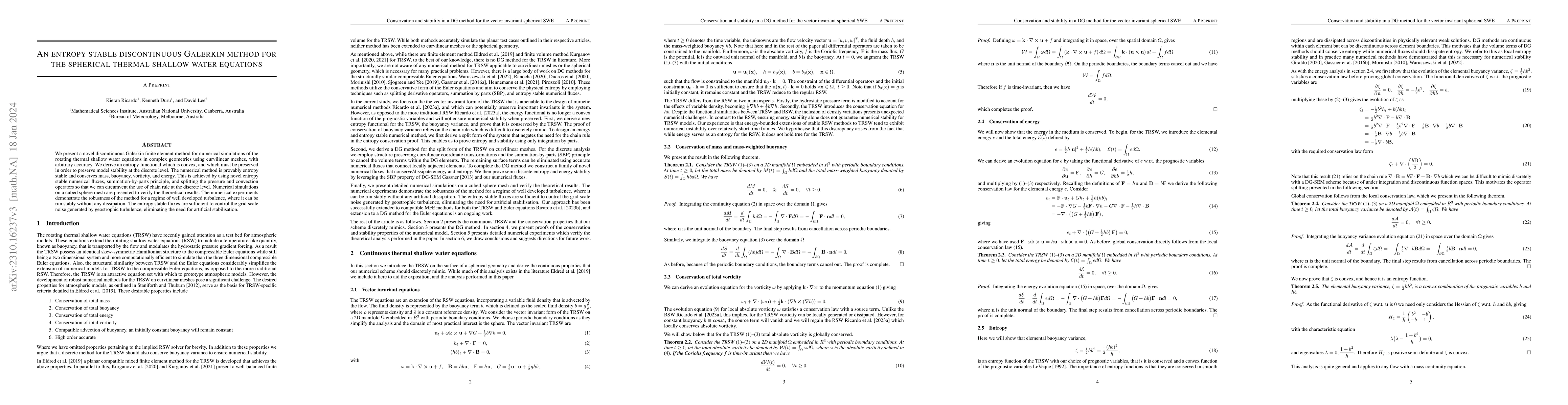 Thumbnail for An entropy stable discontinuous Galerkin method for the spherical
  thermal shallow water equations