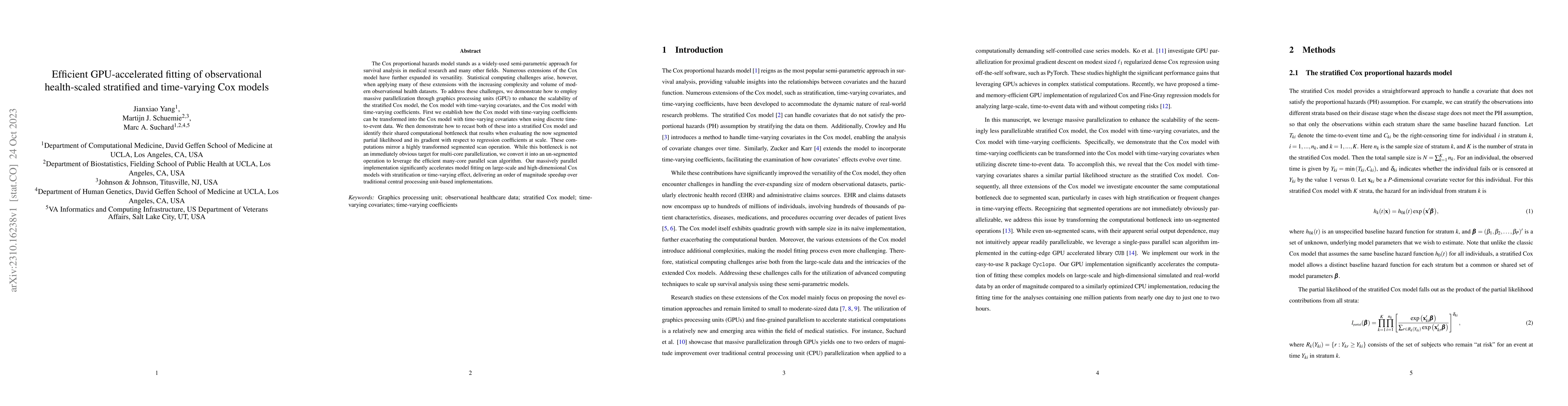 Thumbnail for Efficient GPU-accelerated fitting of observational health-scaled
  stratified and time-varying Cox models