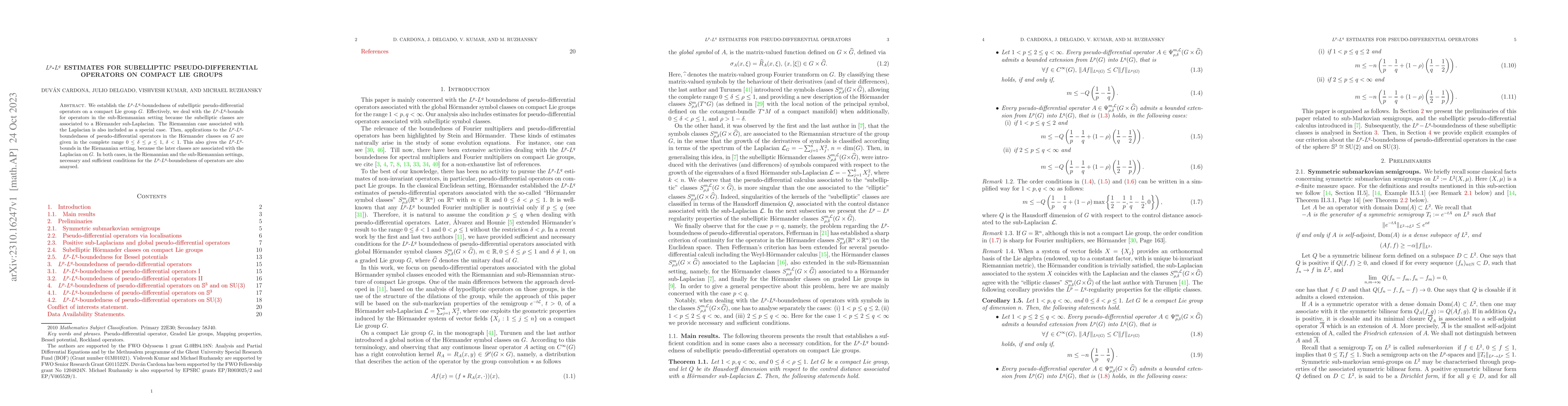Thumbnail for $L^p$-$L^q$ estimates for subelliptic pseudo-differential operators on
  compact Lie groups