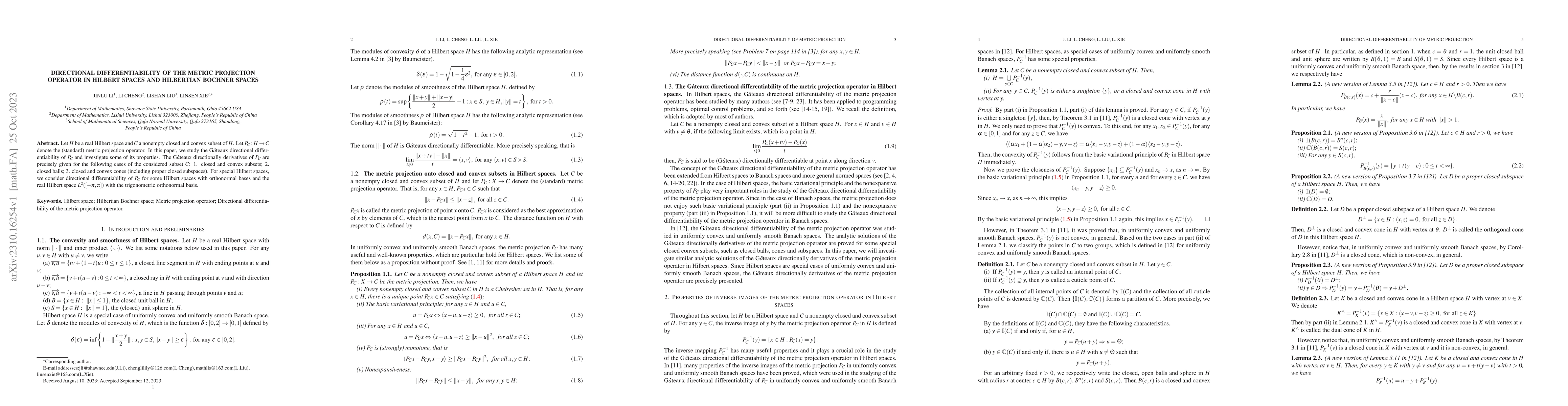 Thumbnail for Directional Differentiability of the Generalized Metric Projection in
  Hilbert spaces and Hilbertian Bochner spaces