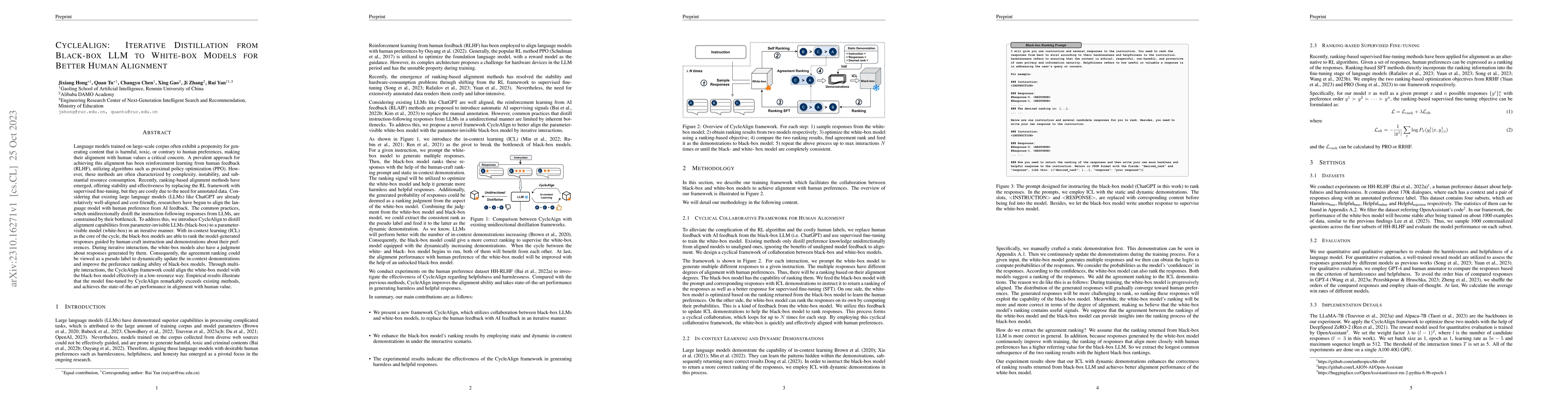 Thumbnail for CycleAlign: Iterative Distillation from Black-box LLM to White-box
  Models for Better Human Alignment