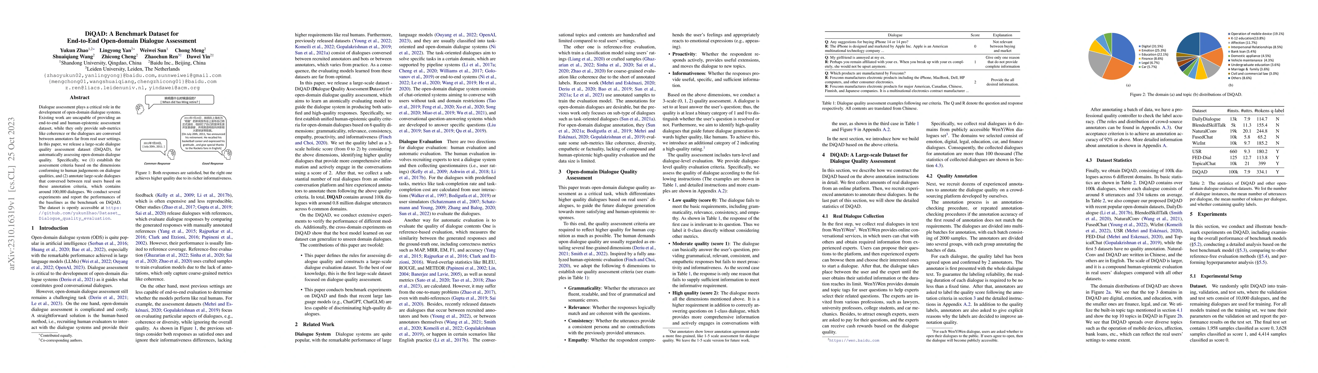Thumbnail for DiQAD: A Benchmark Dataset for End-to-End Open-domain Dialogue
  Assessment