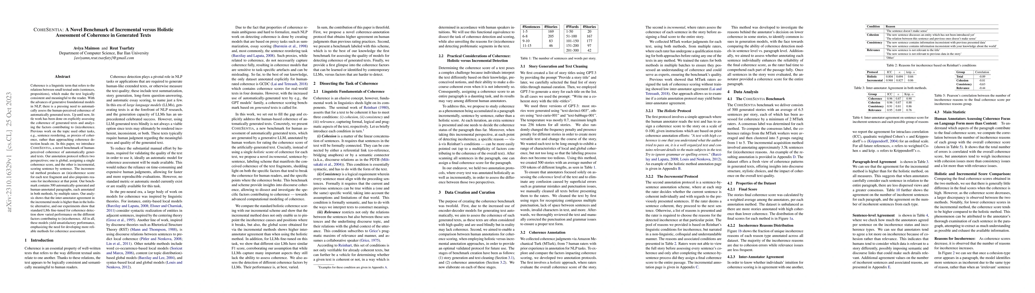 Thumbnail for CoheSentia: A Novel Benchmark of Incremental versus Holistic Assessment
  of Coherence in Generated Texts