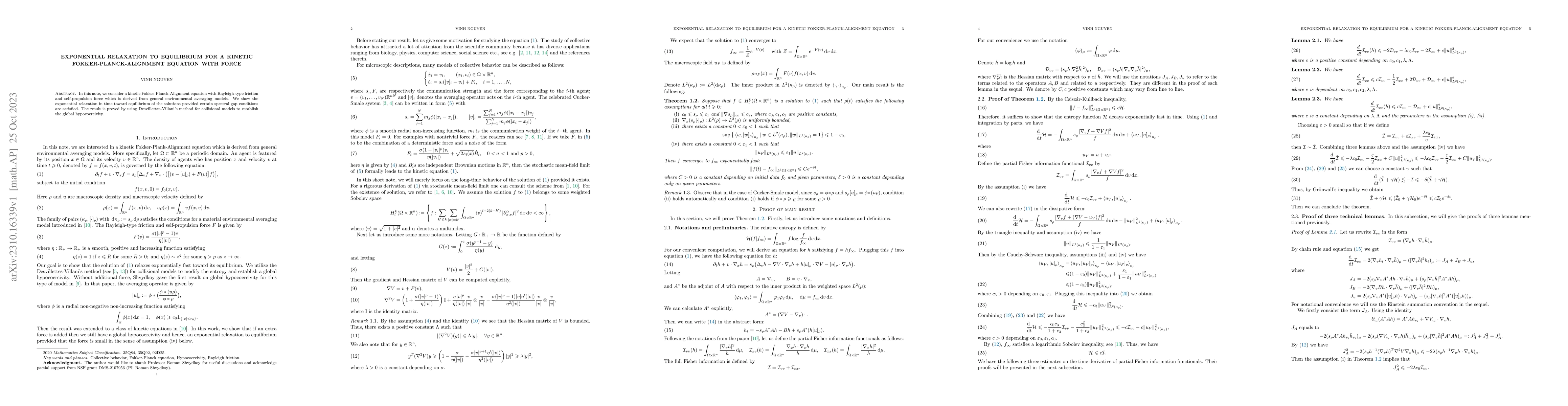 Thumbnail for Exponential relaxation to equilibrium for a kinetic
  Fokker-Planck-Alignment equation with force