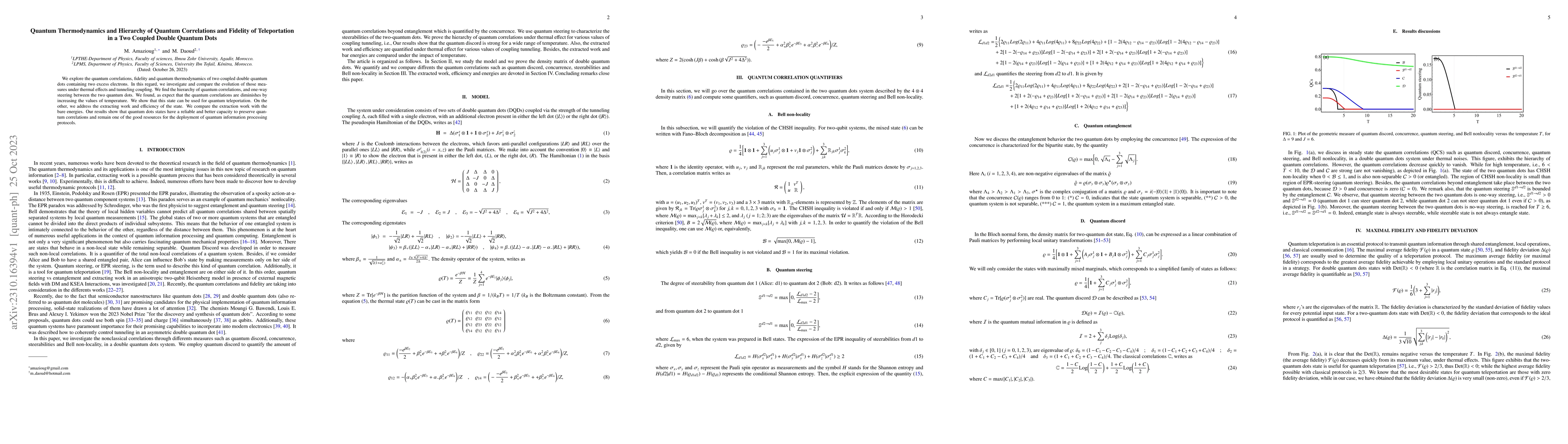 Thumbnail for Quantum Thermodynamics and Hierarchy of Quantum Correlations and
  Fidelity of Teleportation in a Two Coupled Double Quantum Dots