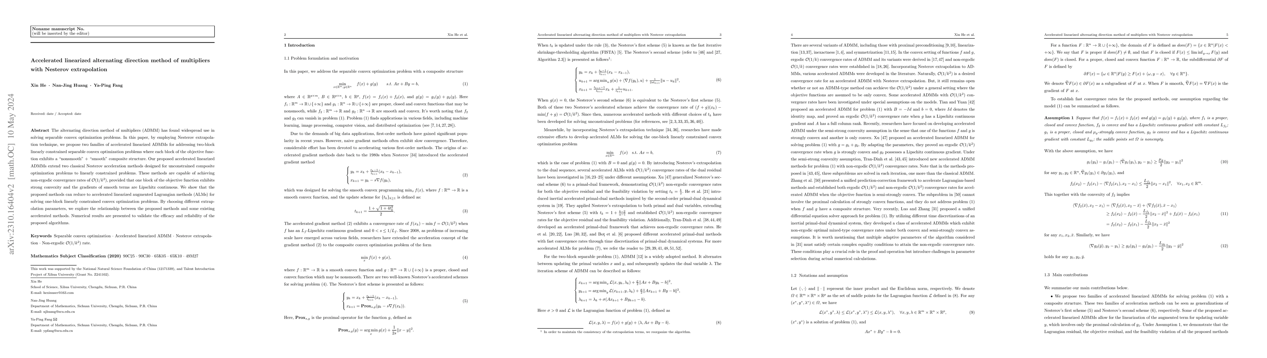 Thumbnail for Accelerated linearized alternating direction method of multipliers with
  Nesterov extrapolation