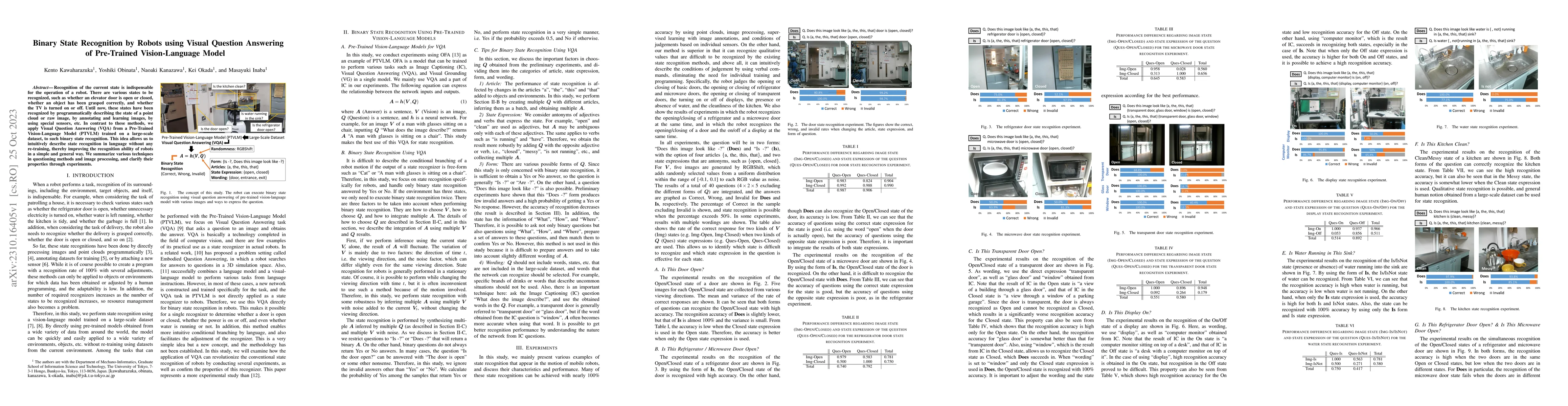 Thumbnail for Binary State Recognition by Robots using Visual Question Answering of
  Pre-Trained Vision-Language Model