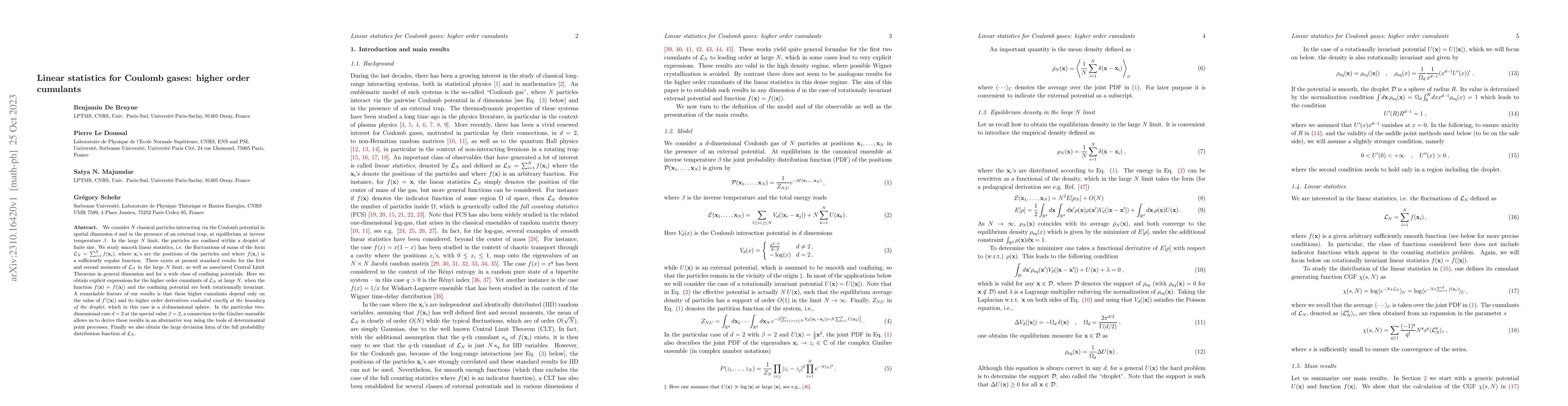 Thumbnail for Linear statistics for Coulomb gases: higher order cumulants