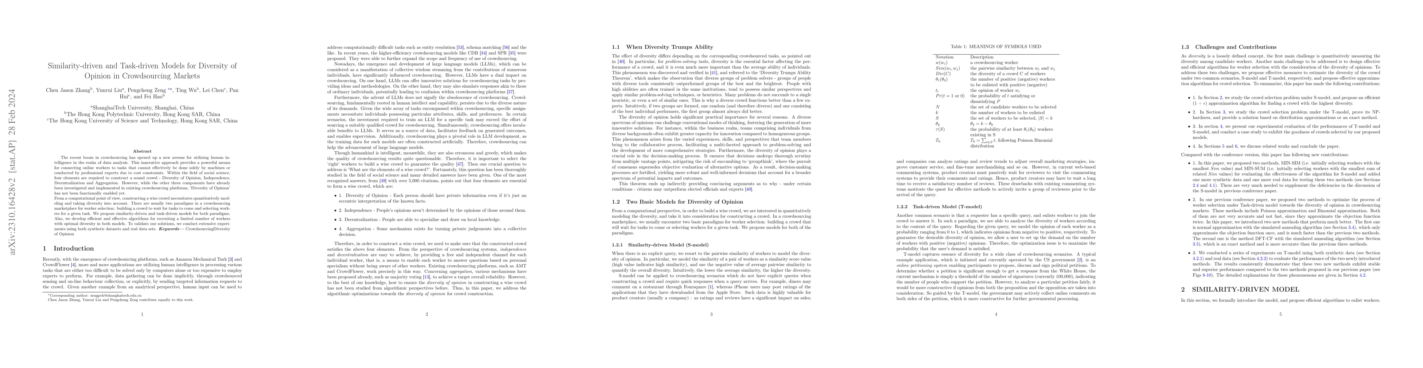 Thumbnail for Similarity-driven and Task-driven Models for Diversity of Opinion in
  Crowdsourcing Markets