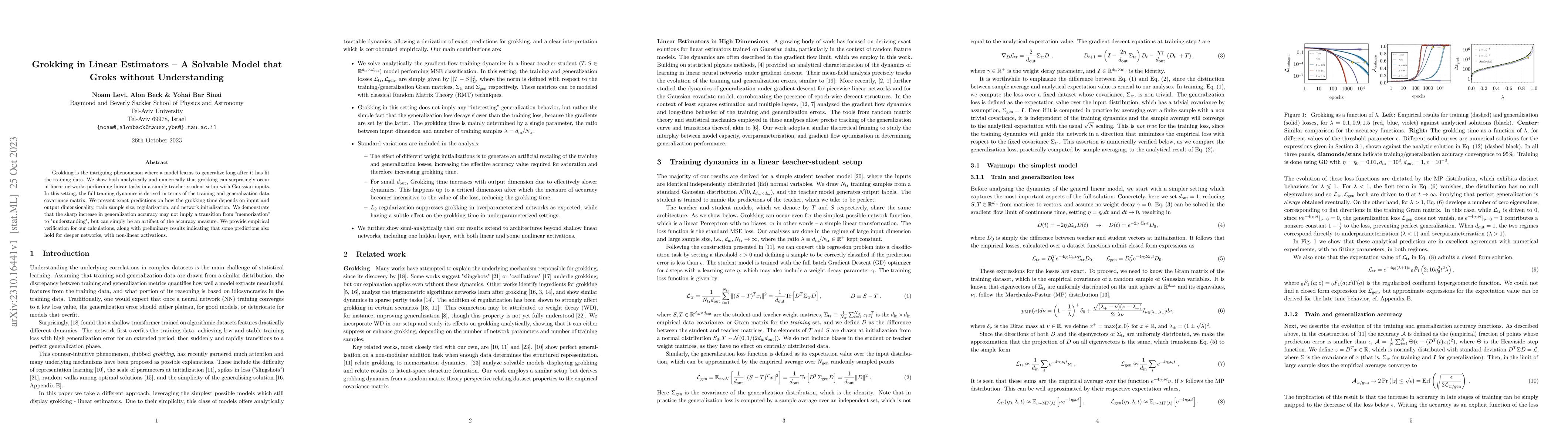 Thumbnail for Grokking in Linear Estimators -- A Solvable Model that Groks without
  Understanding