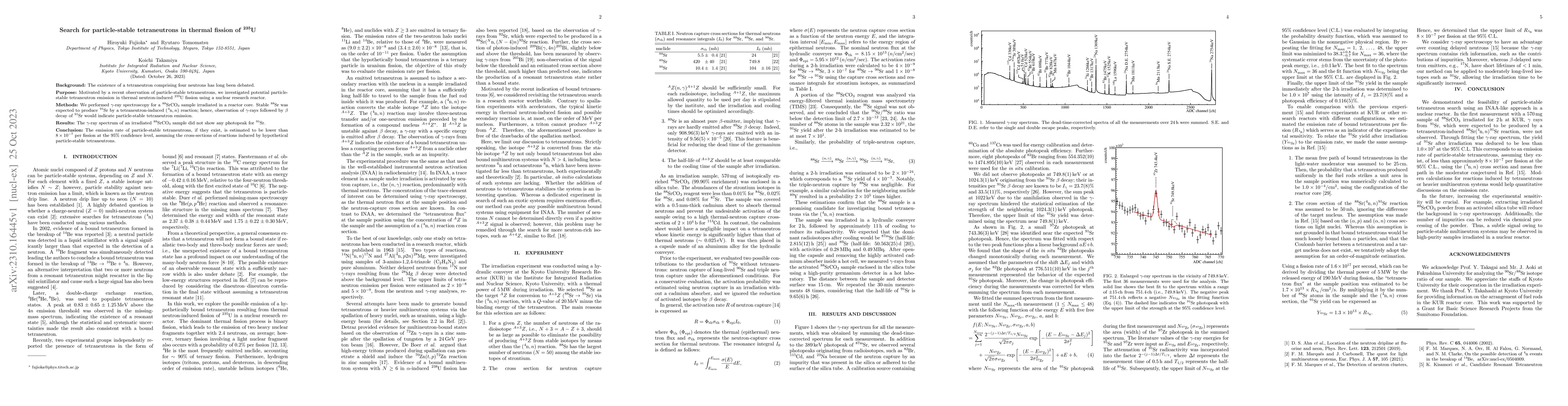 Thumbnail for Search for particle-stable tetraneutrons in thermal fission of $^{235}$U