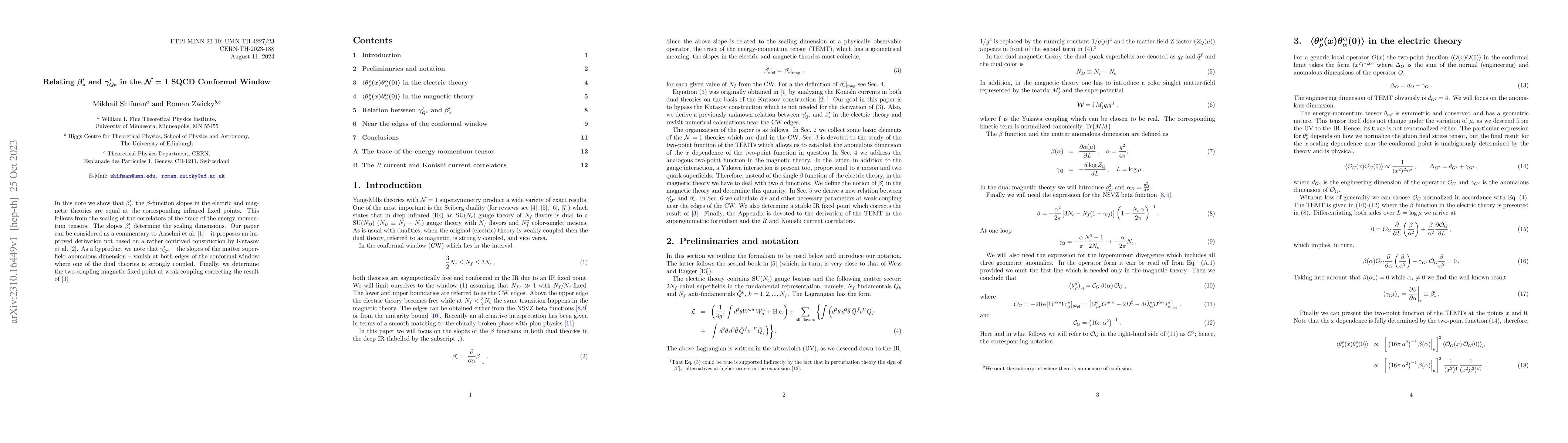 Thumbnail for Relating $\beta'_*$ and $\gamma'_{Q*}$ in the ${\cal N}=1$ SQCD
  Conformal Window