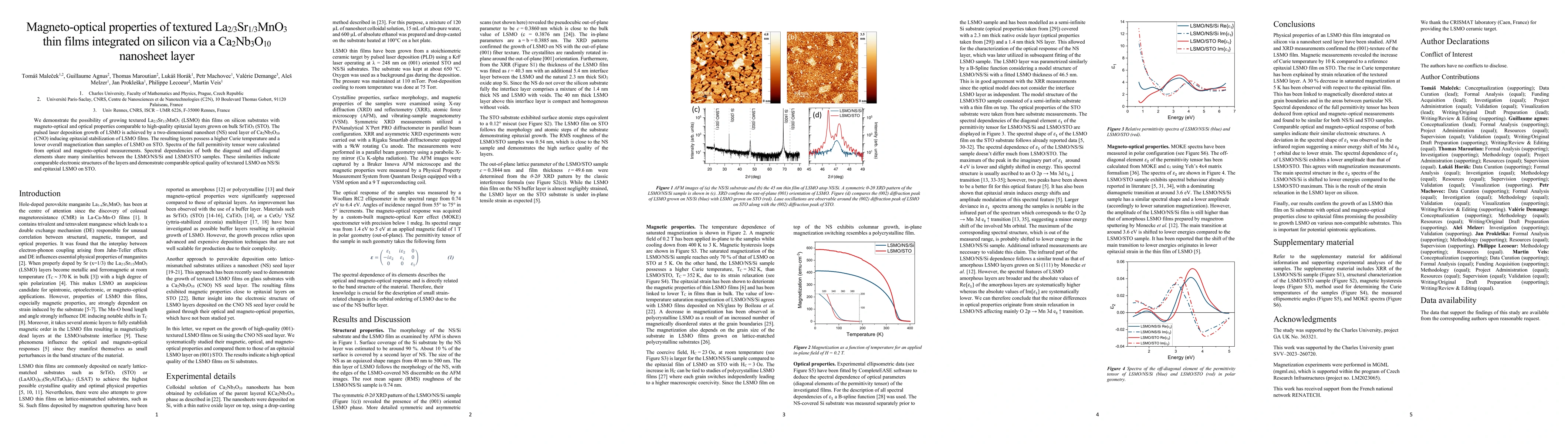 Thumbnail for Magneto-optical properties of textured La$_{2/3}$Sr$_{1/3}$MnO$_3$ thin
  films integrated on silicon via a Ca$_2$Nb$_3$O$_{10}$ nanosheet layer