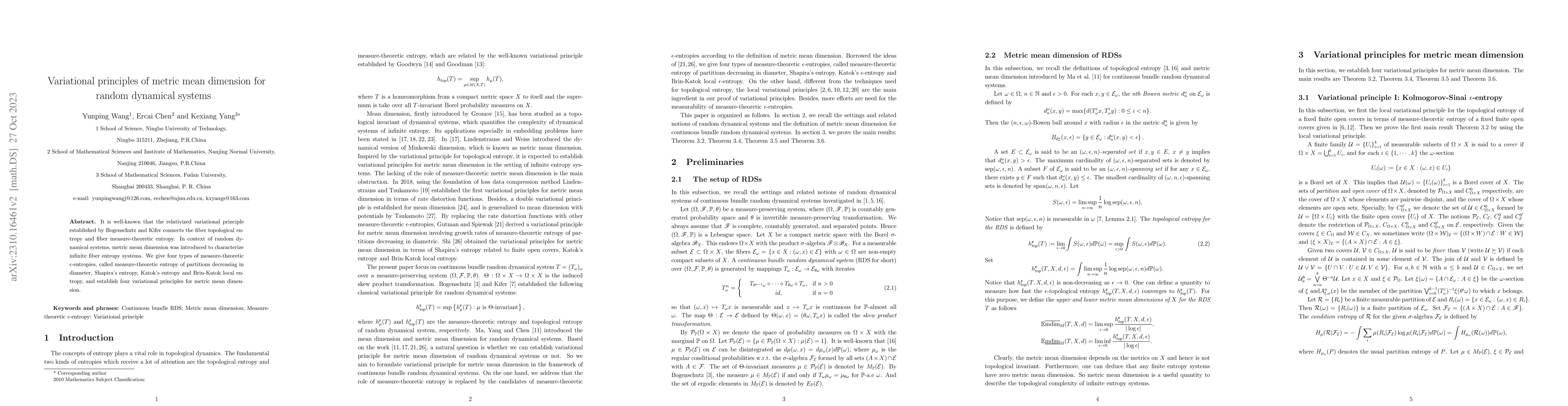 Thumbnail for Variational principles of metric mean dimension for random dynamical
  systems