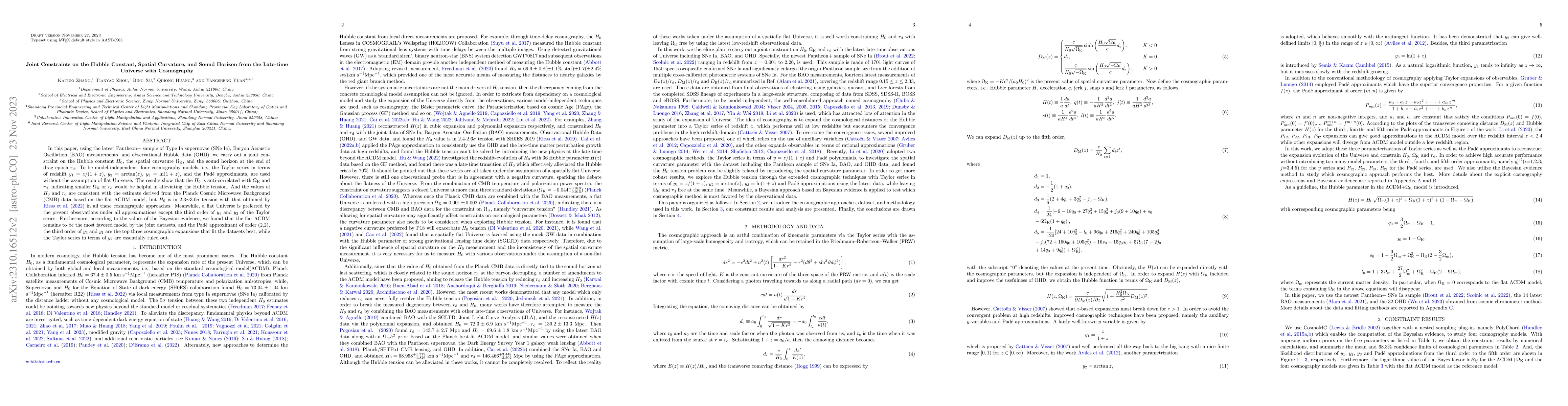 Thumbnail for Joint Constraints on the Hubble Constant, Spatial Curvature, and Sound
  Horizon from the Late-time Universe with Cosmography
