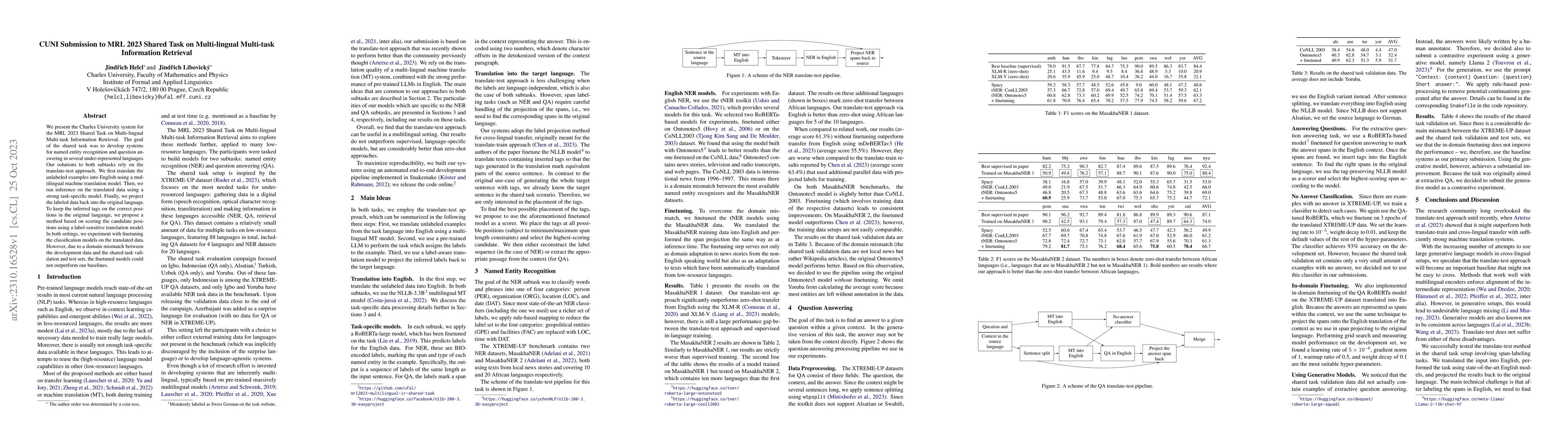 Thumbnail for CUNI Submission to MRL 2023 Shared Task on Multi-lingual Multi-task
  Information Retrieval