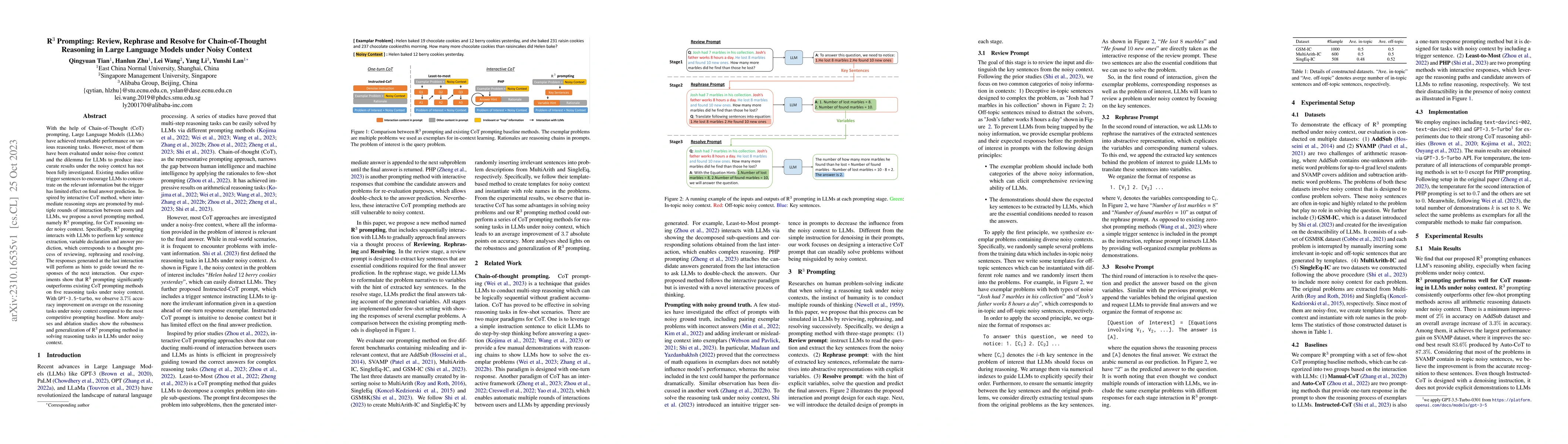Thumbnail for R$^3$ Prompting: Review, Rephrase and Resolve for Chain-of-Thought
  Reasoning in Large Language Models under Noisy Context