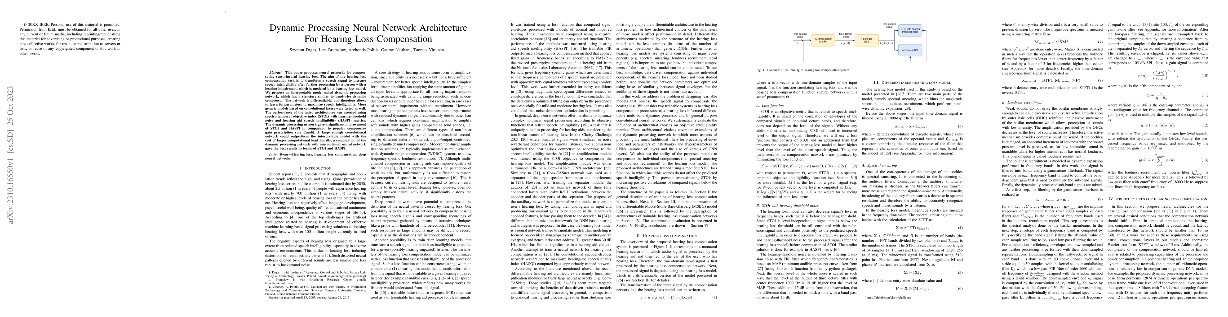 Thumbnail for Dynamic Processing Neural Network Architecture For Hearing Loss
  Compensation