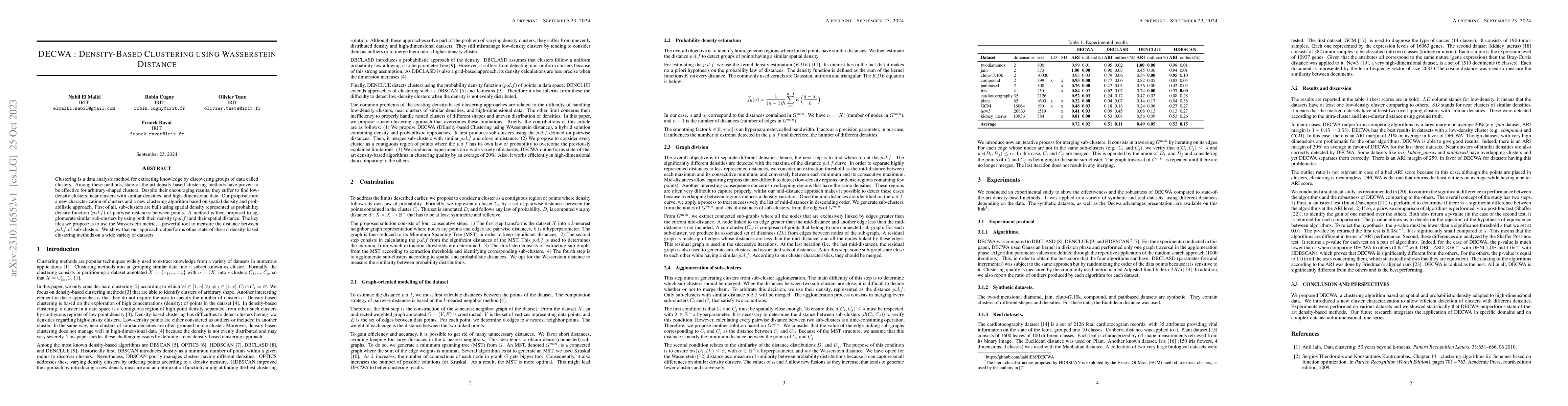 Thumbnail for DECWA : Density-Based Clustering using Wasserstein Distance