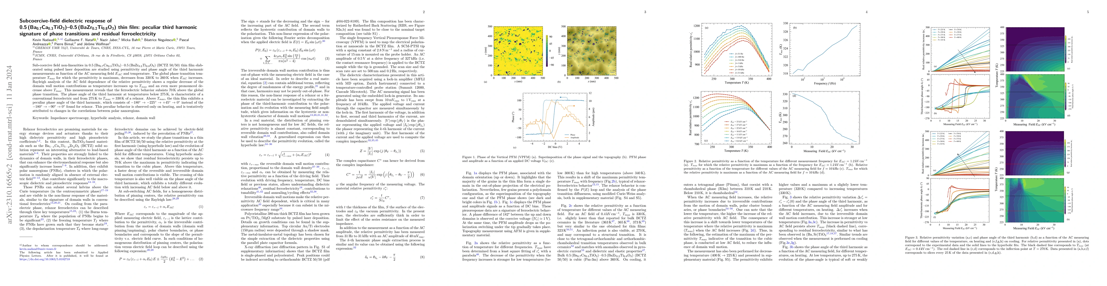 Thumbnail for Subcoercive-field dielectric response of
  $0.5(\text{Ba}_{0.7}\text{Ca}_{0.3}\text{TiO}_{3})-0.5(\text{BaZr}_{0.2}\text{Ti}_{0.8}\text{O}_{3})$
  thin film: peculiar third harmonic signature of phase transitions and
  residual ferroelectricity