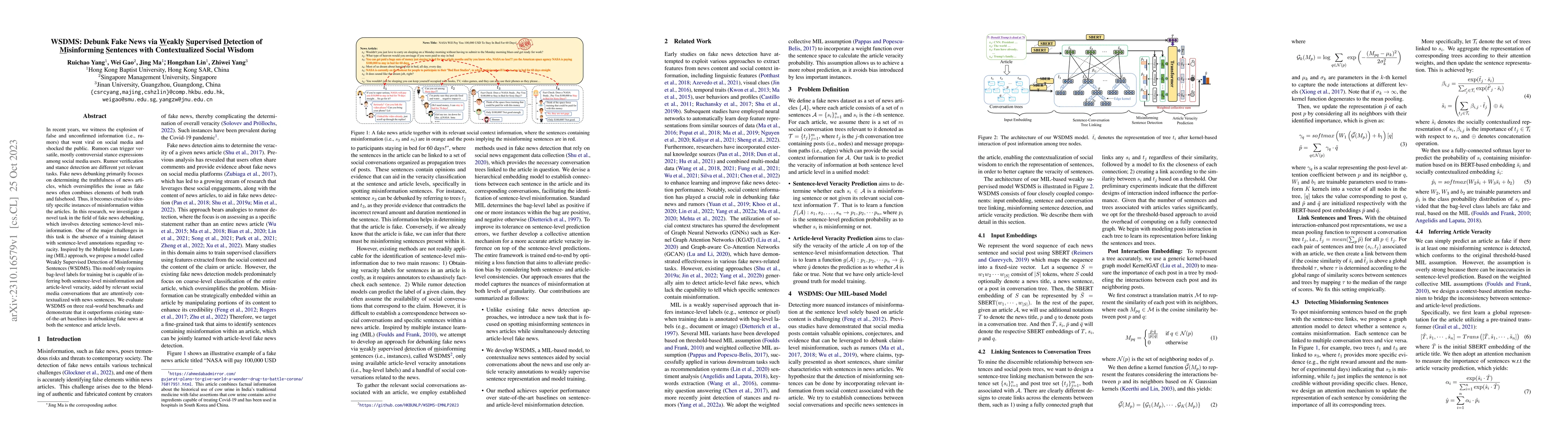 Thumbnail for WSDMS: Debunk Fake News via Weakly Supervised Detection of Misinforming
  Sentences with Contextualized Social Wisdom