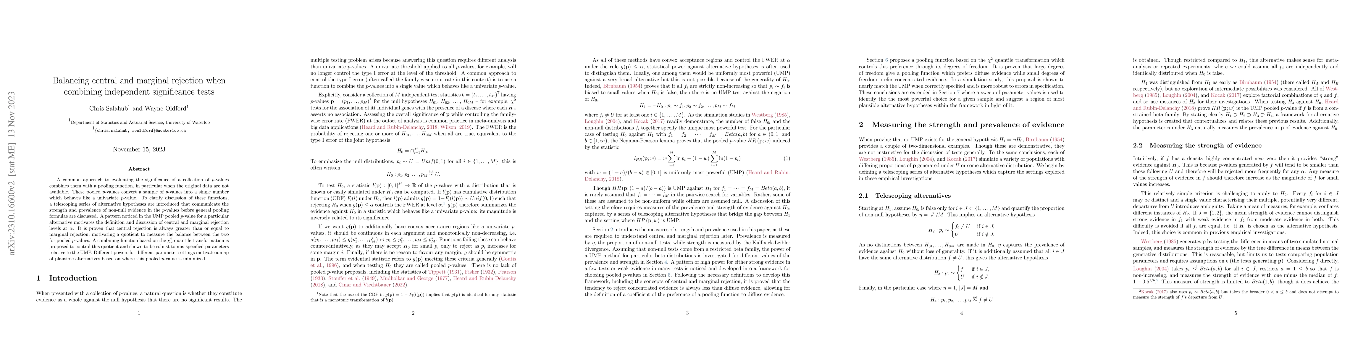 Thumbnail for Balancing central and marginal rejection when combining independent
  significance tests