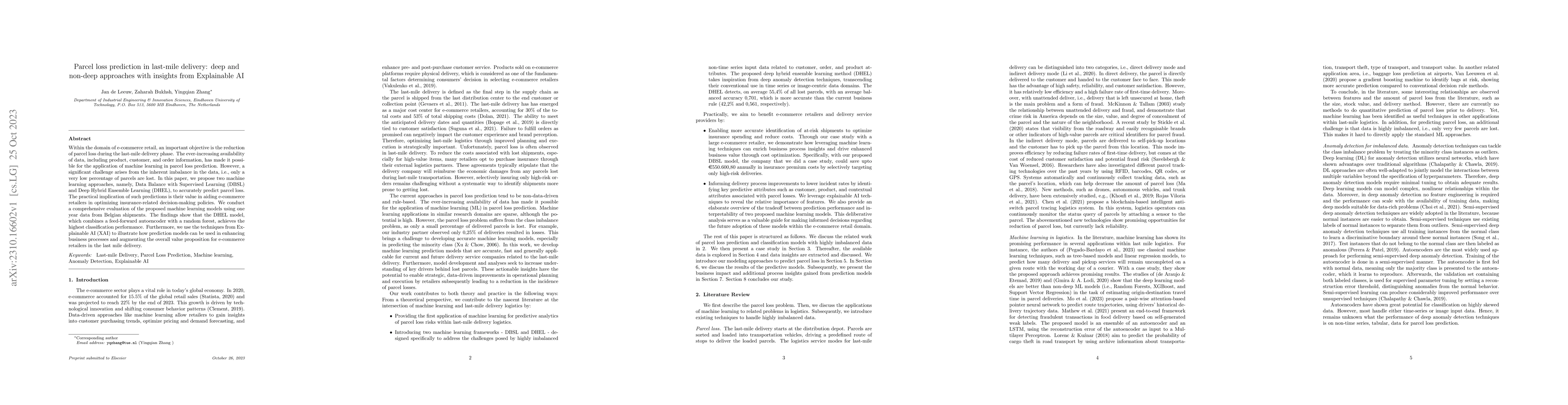 Thumbnail for Parcel loss prediction in last-mile delivery: deep and non-deep
  approaches with insights from Explainable AI