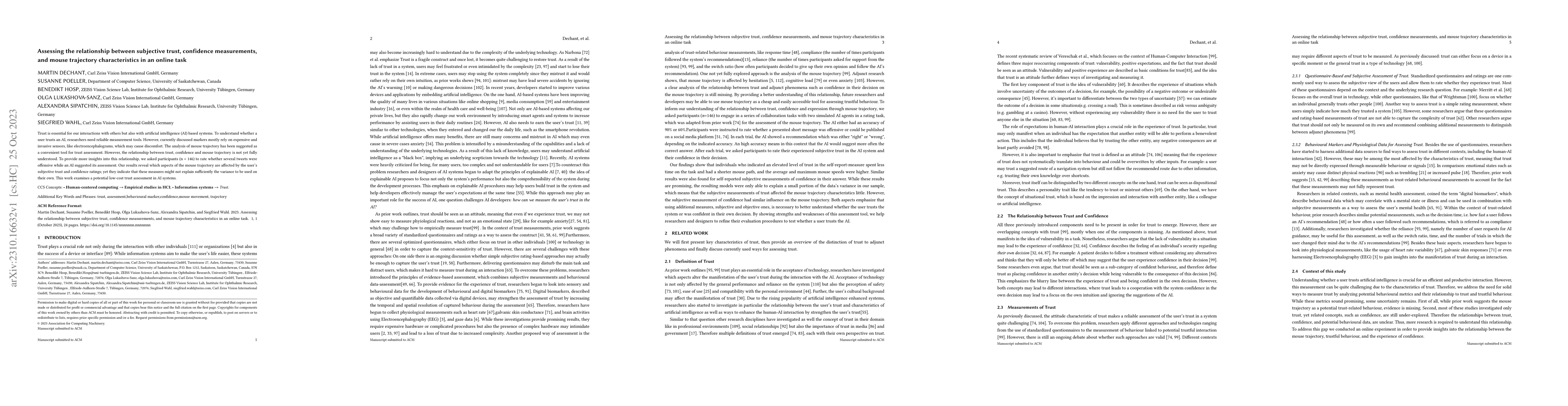 Thumbnail for Assessing the relationship between subjective trust, confidence
  measurements, and mouse trajectory characteristics in an online task