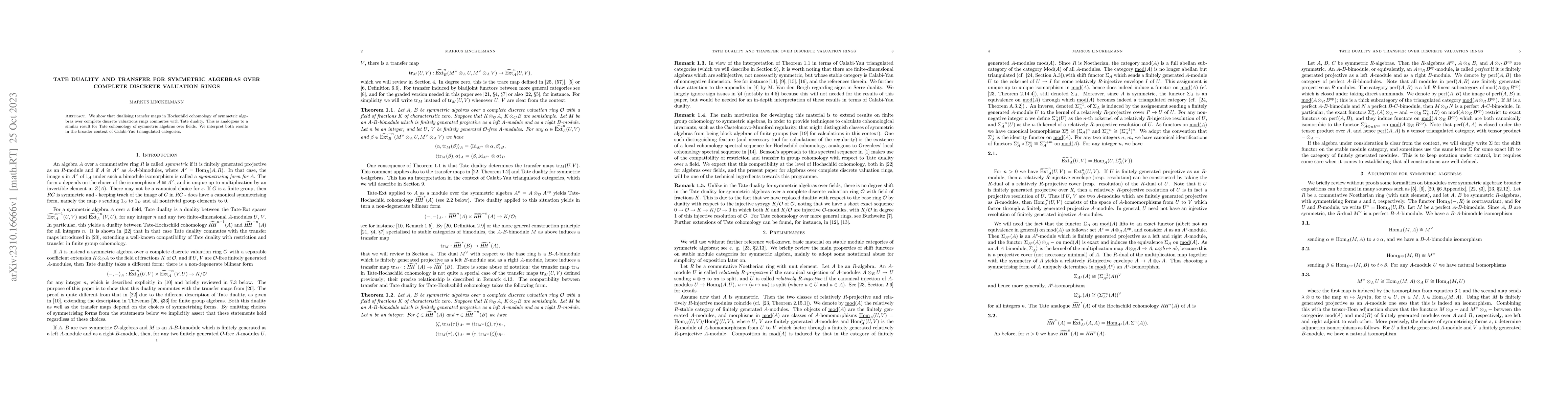 Thumbnail for Tate Duality and Transfer for Symmetric Algebras Over Complete Discrete
  Valuation Rings