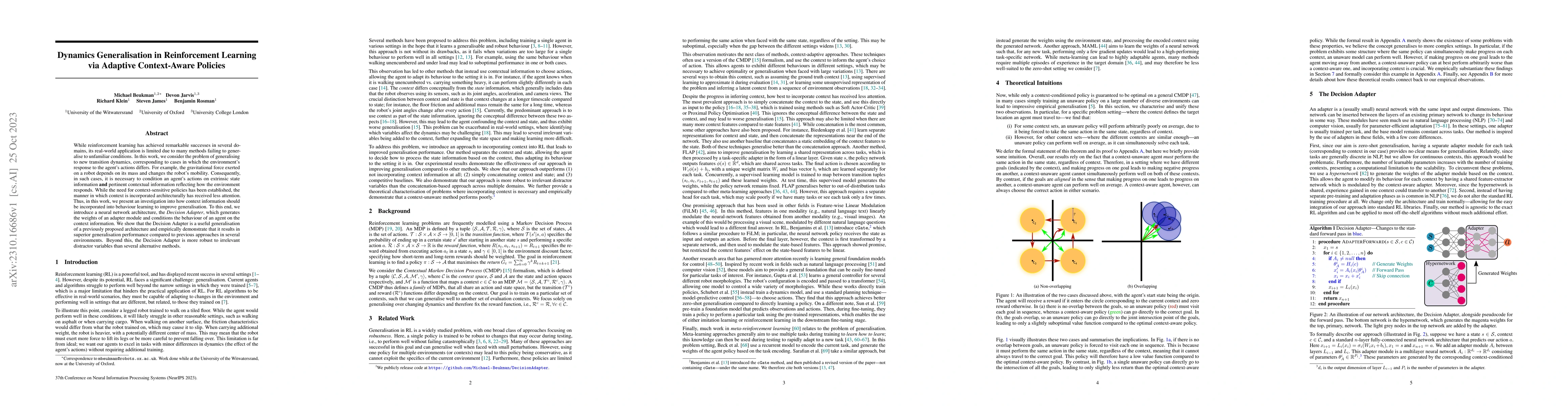Thumbnail for Dynamics Generalisation in Reinforcement Learning via Adaptive
  Context-Aware Policies